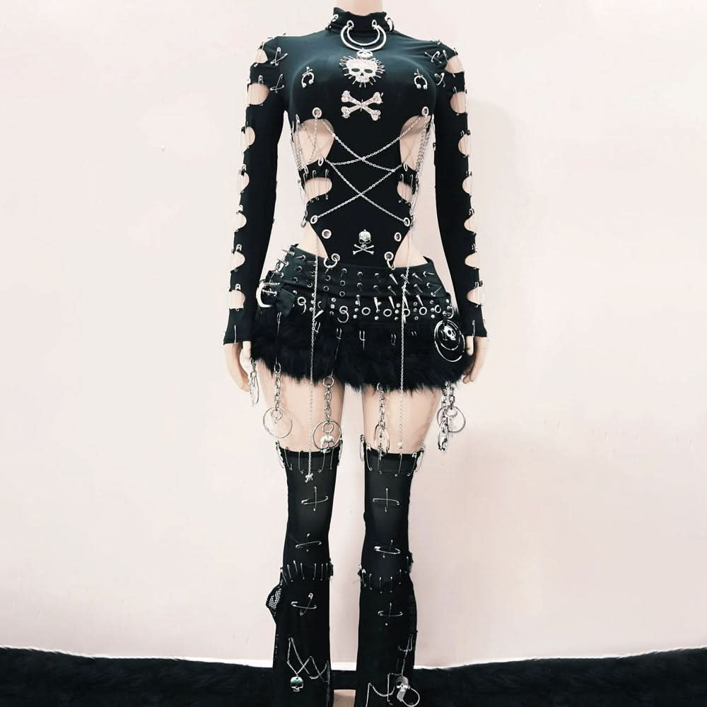 Women's Edgy Gothic Bodysuit: Skull, Chains & Safety Pin Cut-Outs | Halloween & Fall Concert Ready