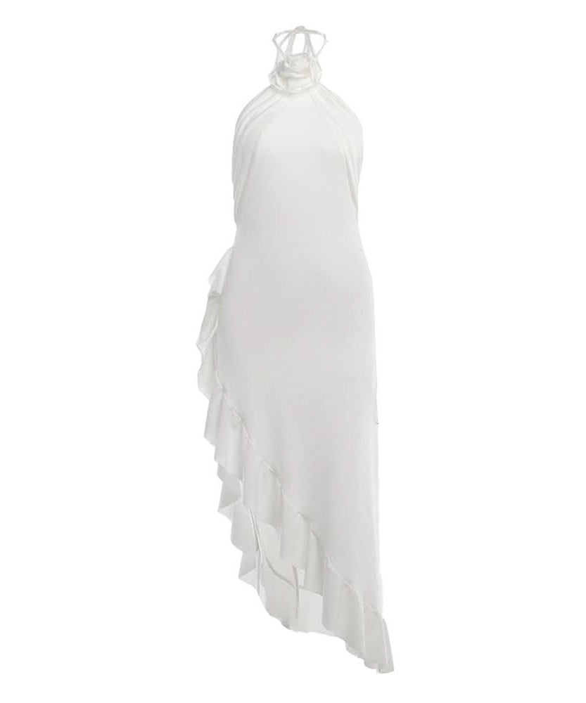 Effortless White Halter Ruffle Midi Dress - Chic Asymmetrical Design for Resort & Special Occasions