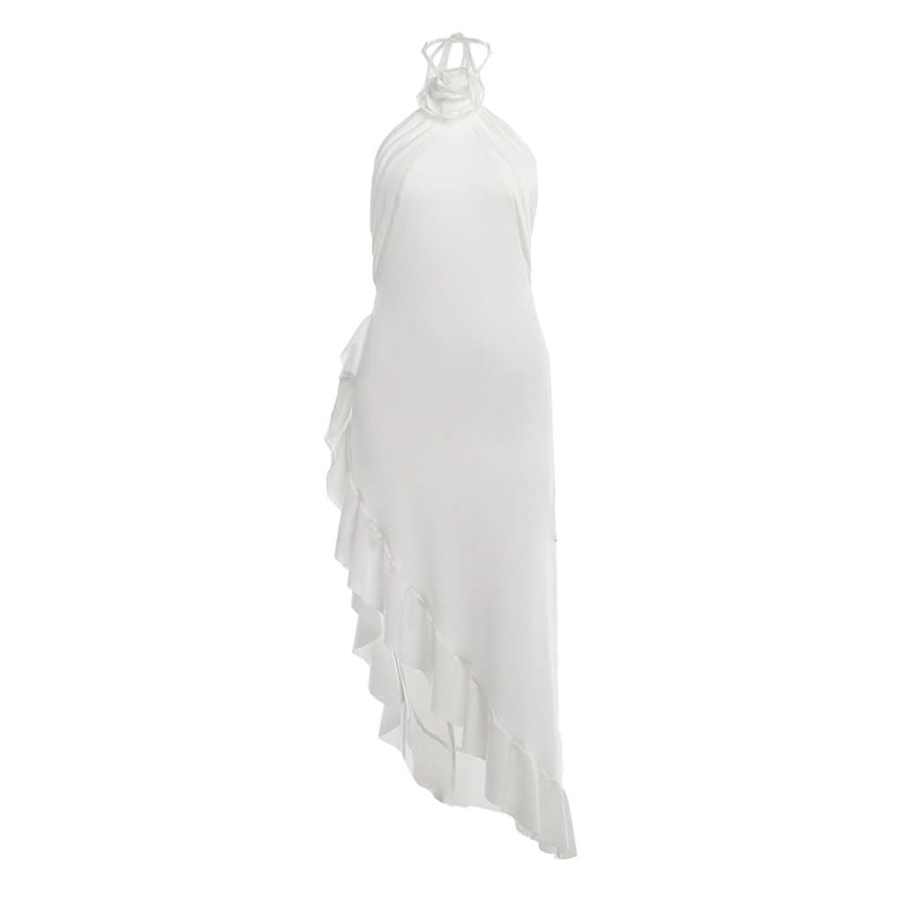 Effortless White Halter Ruffle Midi Dress - Chic Asymmetrical Design for Resort & Special Occasions