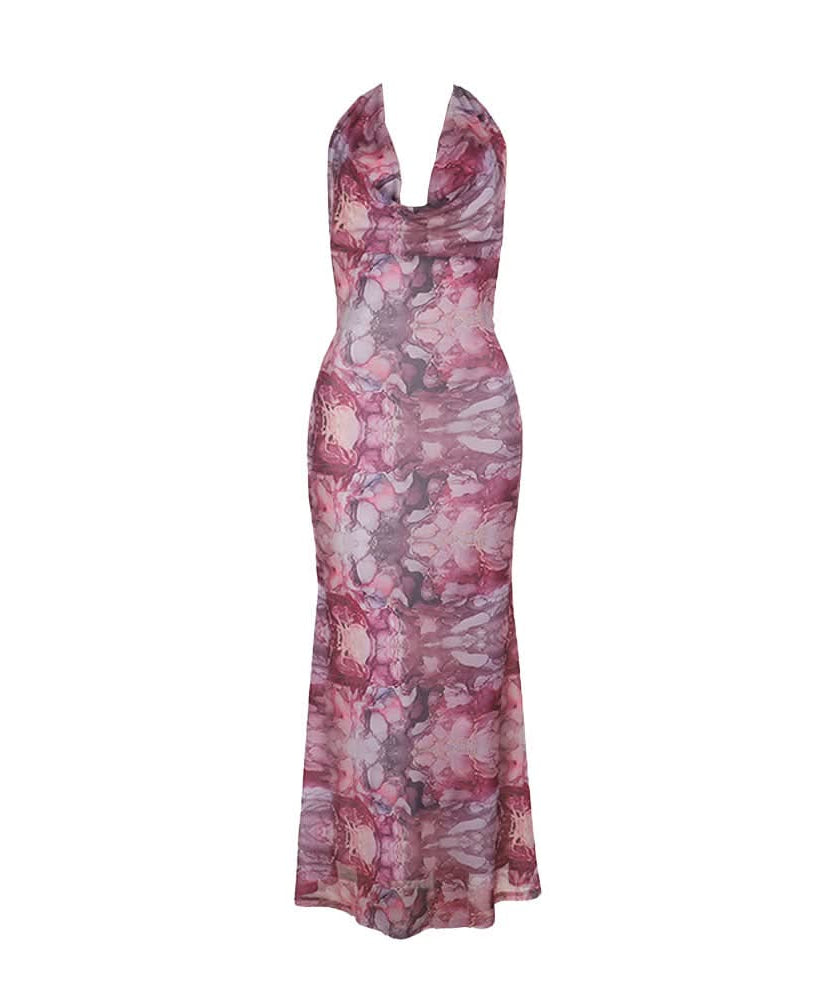 Effortless Elegance: Halter Cowl Neck Marbled Mesh Maxi Dress - Your Go-To for Fall Events & Chic Getaways