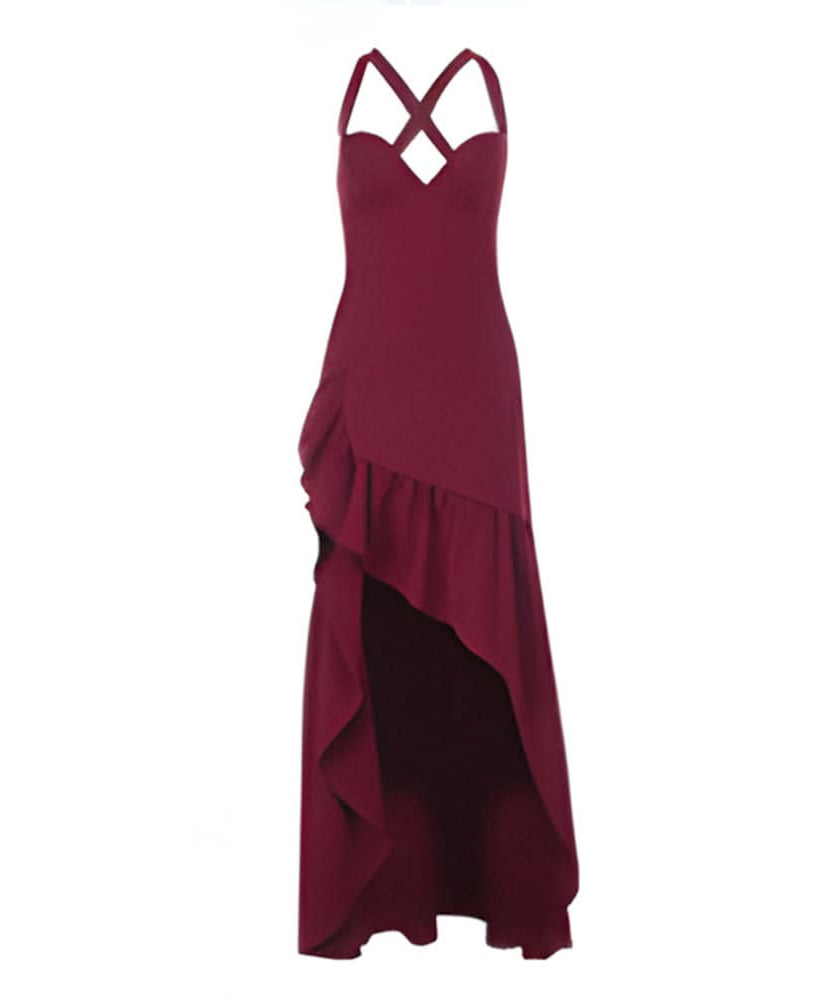Elegant Wine Red Ruffle High-Low Maxi Dress | Chic Cross Back V-Neck for Fall & Holiday Celebrations