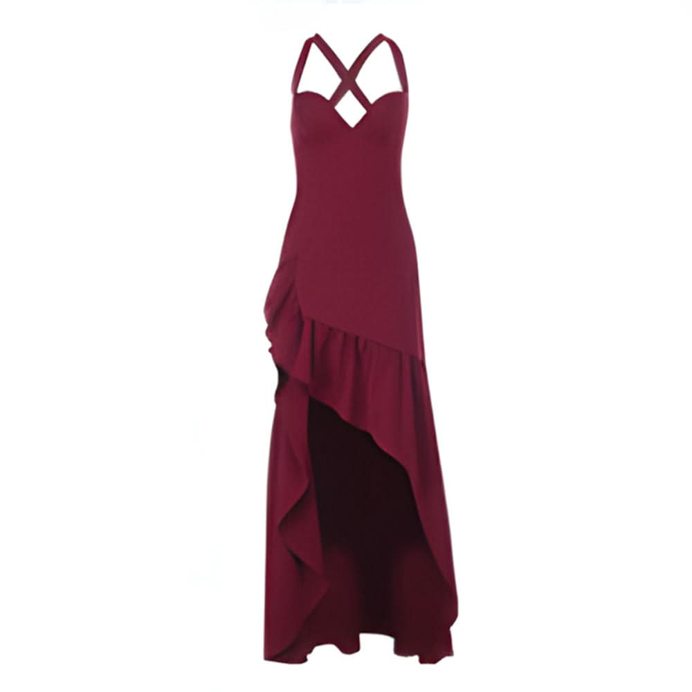 Elegant Wine Red Ruffle High-Low Maxi Dress | Chic Cross Back V-Neck for Fall & Holiday Celebrations