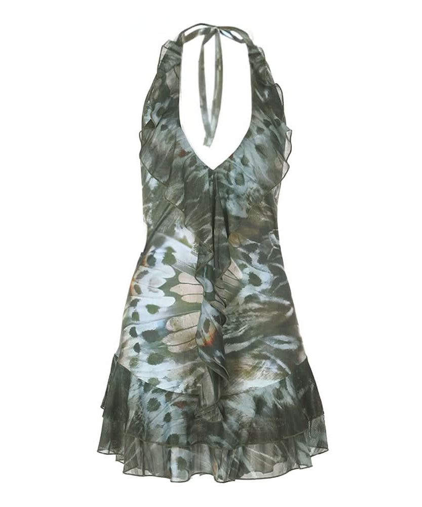 Effortless Fall Butterfly Wing Halter Mini Dress - Ruffled V-Neck Style
