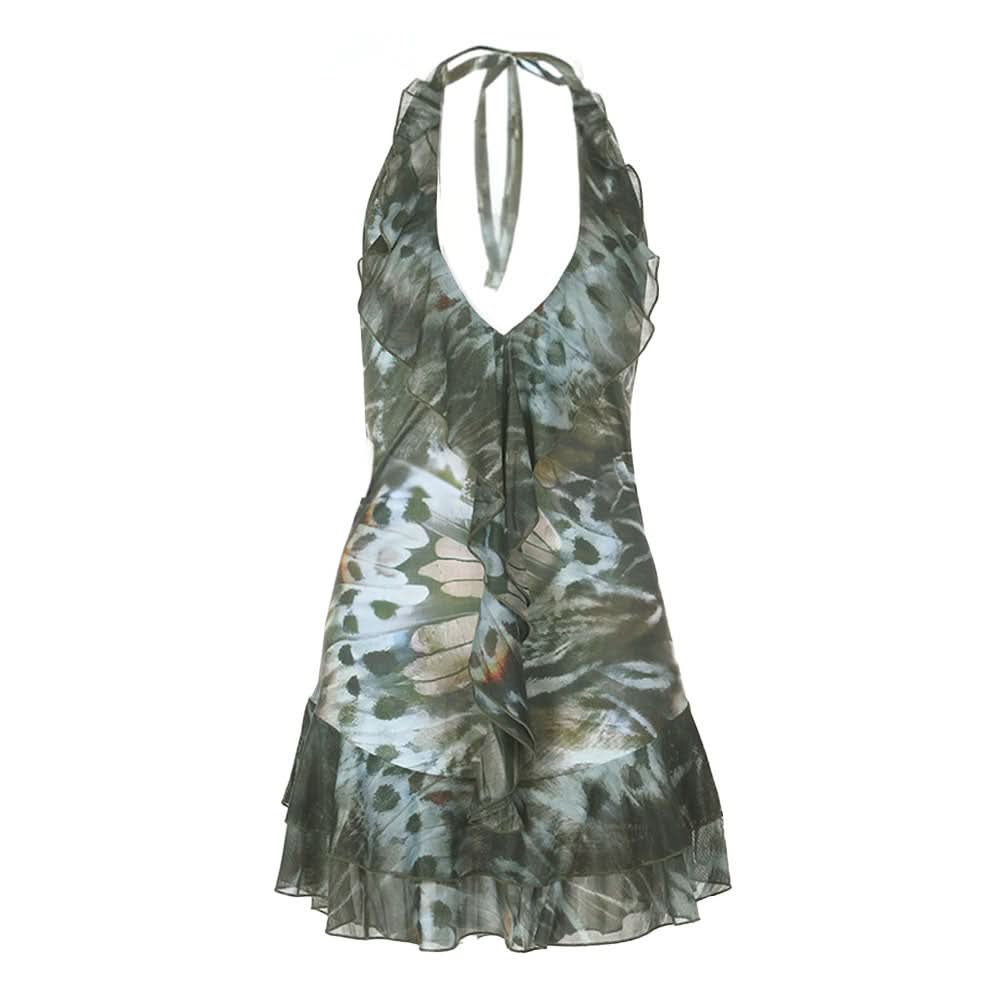 Effortless Fall Butterfly Wing Halter Mini Dress - Ruffled V-Neck Style