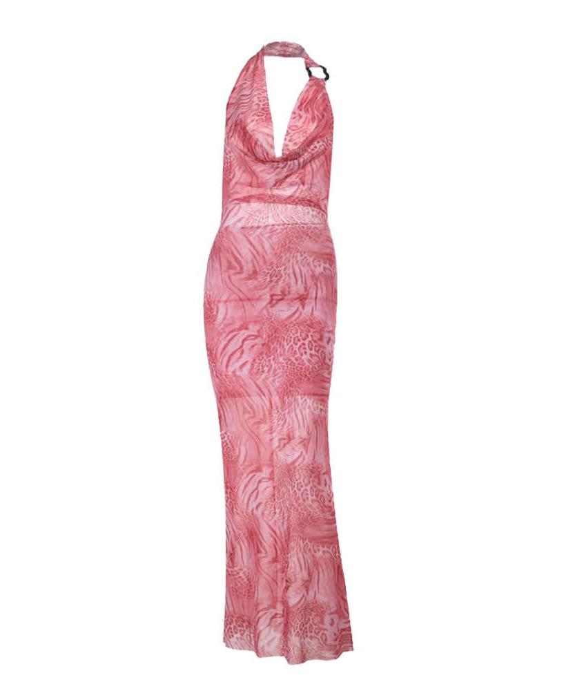 Chic Pink Leopard Halter Maxi Dress | Cowl Neck Fall Event Statement