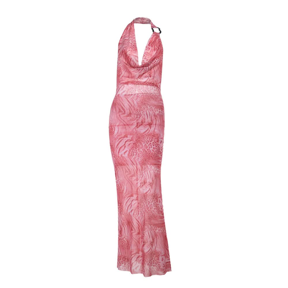 Chic Pink Leopard Halter Maxi Dress | Cowl Neck Fall Event Statement
