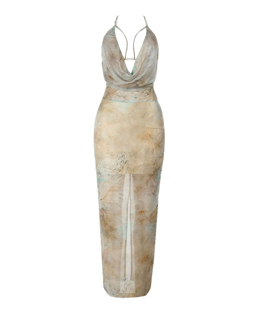 Artisan Serenity Halter Maxi Dress: Chic Cowl Neck & High Slit for Fall & Holiday Soirées