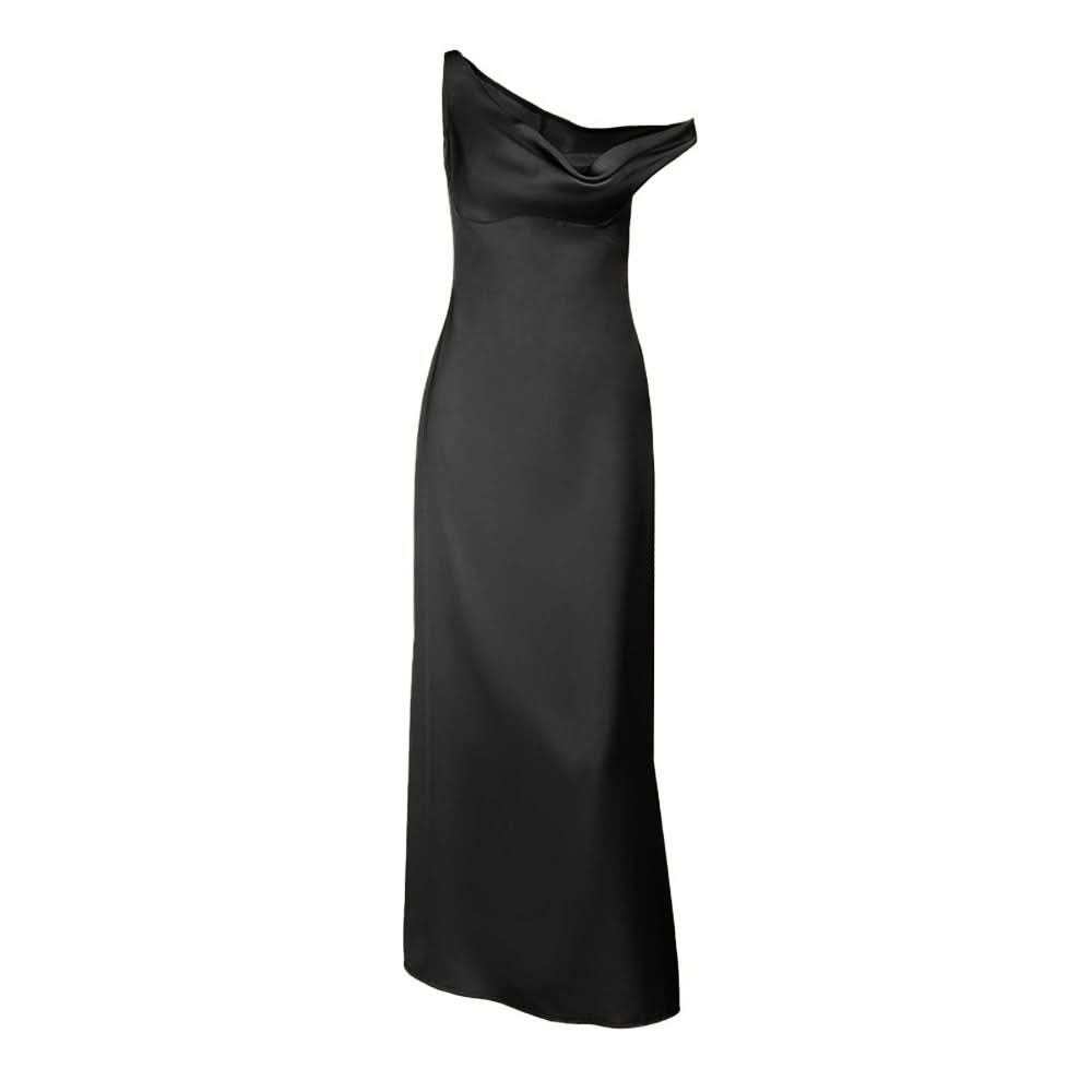 Champagne Dreams: One Shoulder Cowl Neck Satin Maxi Dress - Fall & Holiday Party Glam