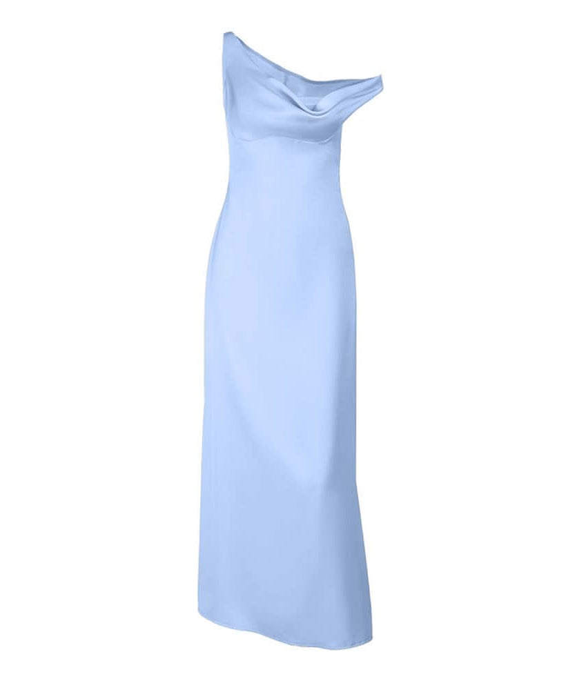 Champagne Dreams: One Shoulder Cowl Neck Satin Maxi Dress - Fall & Holiday Party Glam