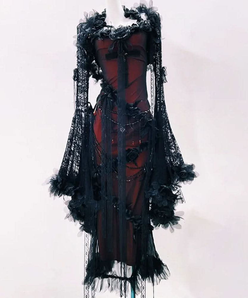 Enchanting Gothic Romance Maxi Dress: Bewitching Black Lace & Red Floral Gown for Halloween & Fall Galas