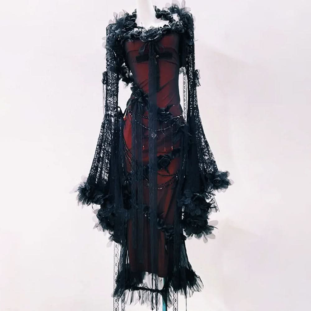 Enchanting Gothic Romance Maxi Dress: Bewitching Black Lace & Red Floral Gown for Halloween & Fall Galas