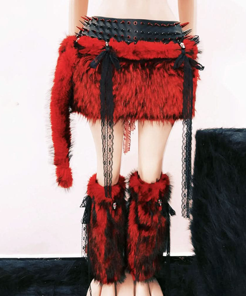 Fierce Faux Fur Spiked Mini Skirt Set - Red & Black Halloween Rave & Festival Ready