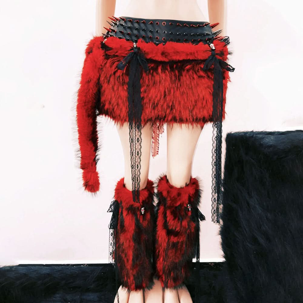 Fierce Faux Fur Spiked Mini Skirt Set - Red & Black Halloween Rave & Festival Ready