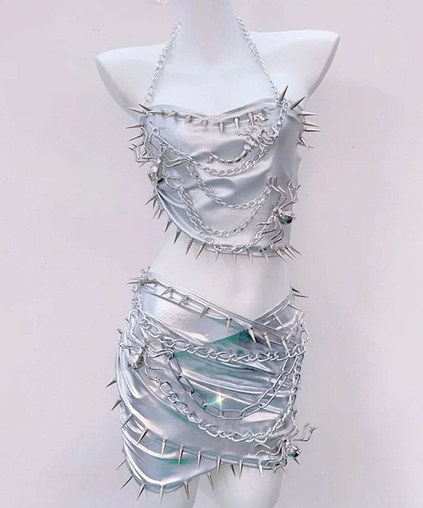Spiked Silver Siren Chain Halter Top & Mini Skirt Set - Your Ultimate Halloween & Festival Statement Piece!