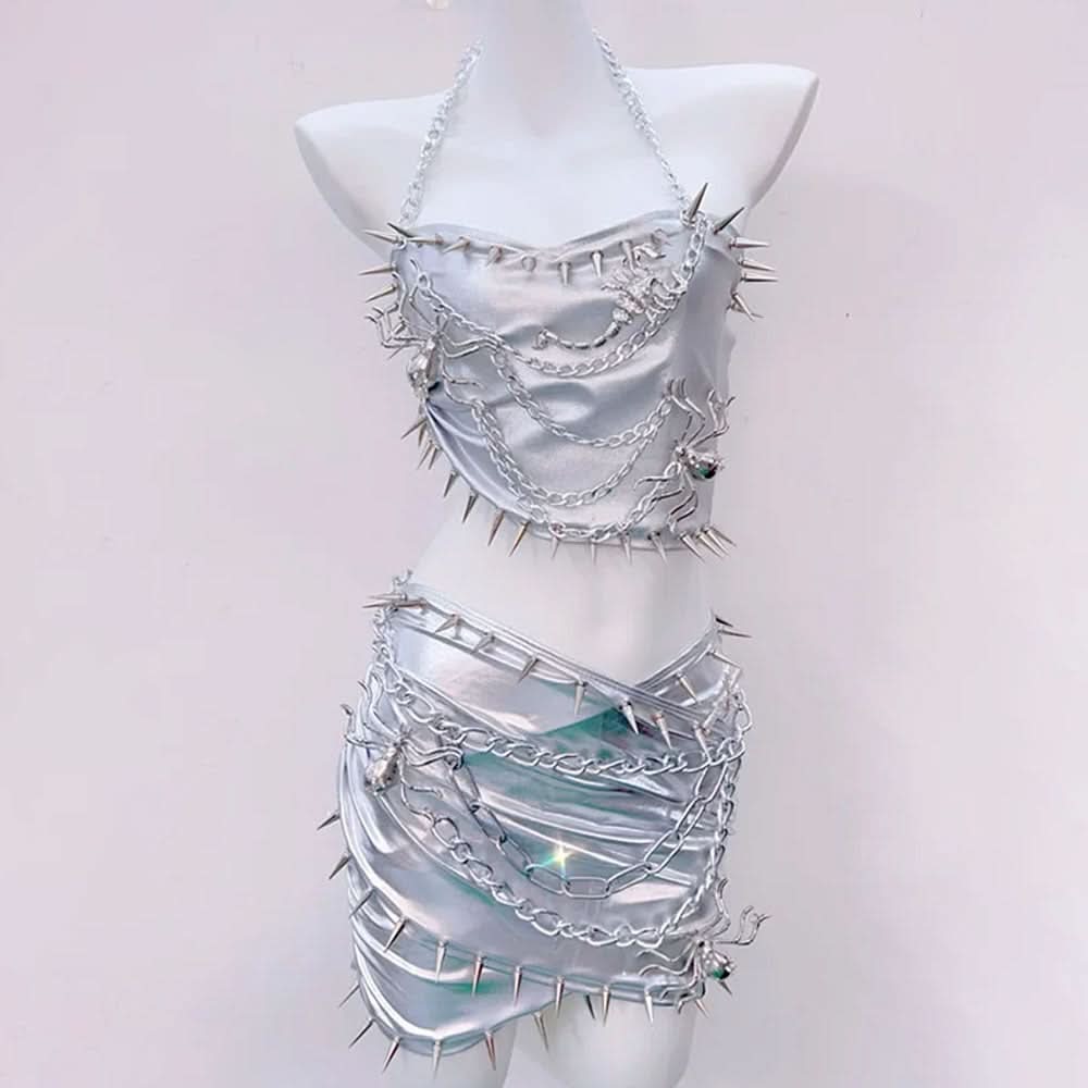 Spiked Silver Siren Chain Halter Top & Mini Skirt Set - Your Ultimate Halloween & Festival Statement Piece!