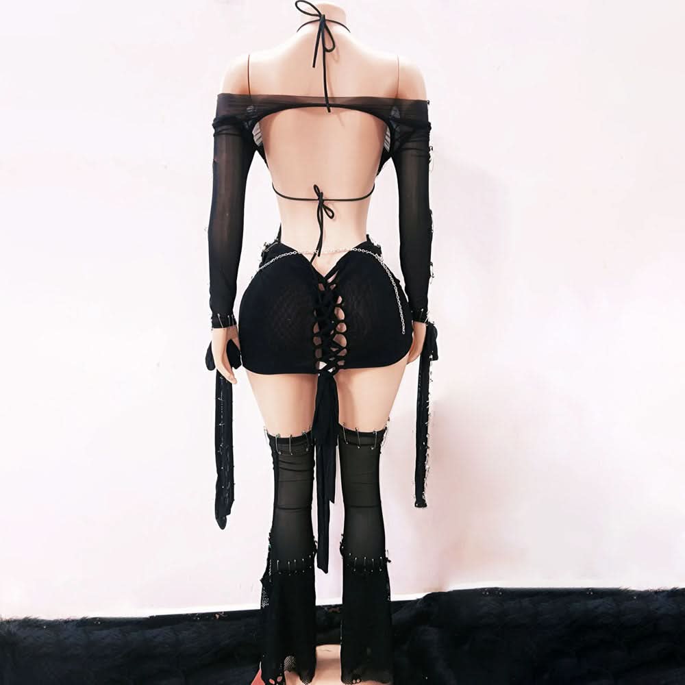 Edgy Gothic Punk Skull Mini Dress - Safety Pin & Sheer Halloween Festival Outfit