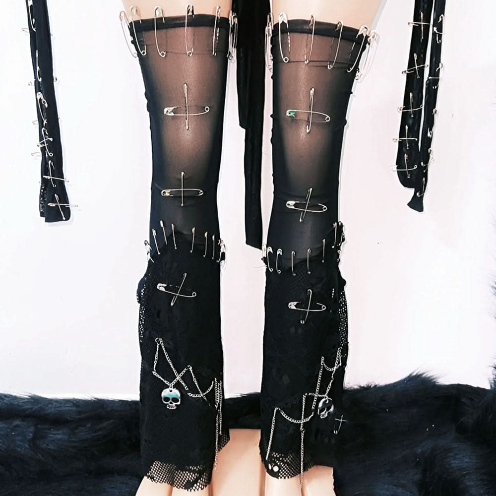 Edgy Gothic Punk Skull Mini Dress - Safety Pin & Sheer Halloween Festival Outfit