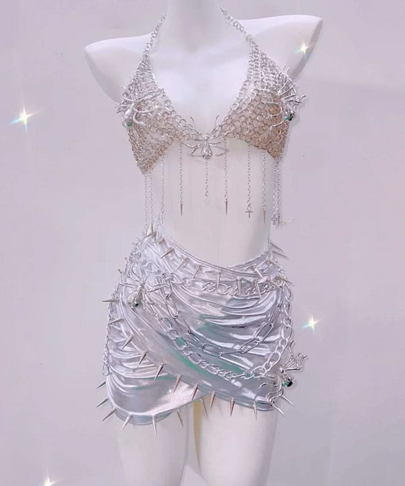 Wicked Spider Web Chain Halter Bralette | Goth Halloween Top & Festival Rave Wear for Women