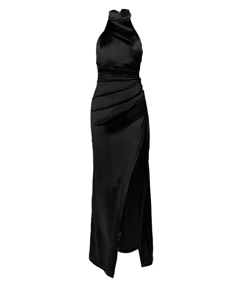 Enchanting Dusty Rose Satin Halter Gown - Ruched Maxi with High Slit for Fall & Holiday Glamour