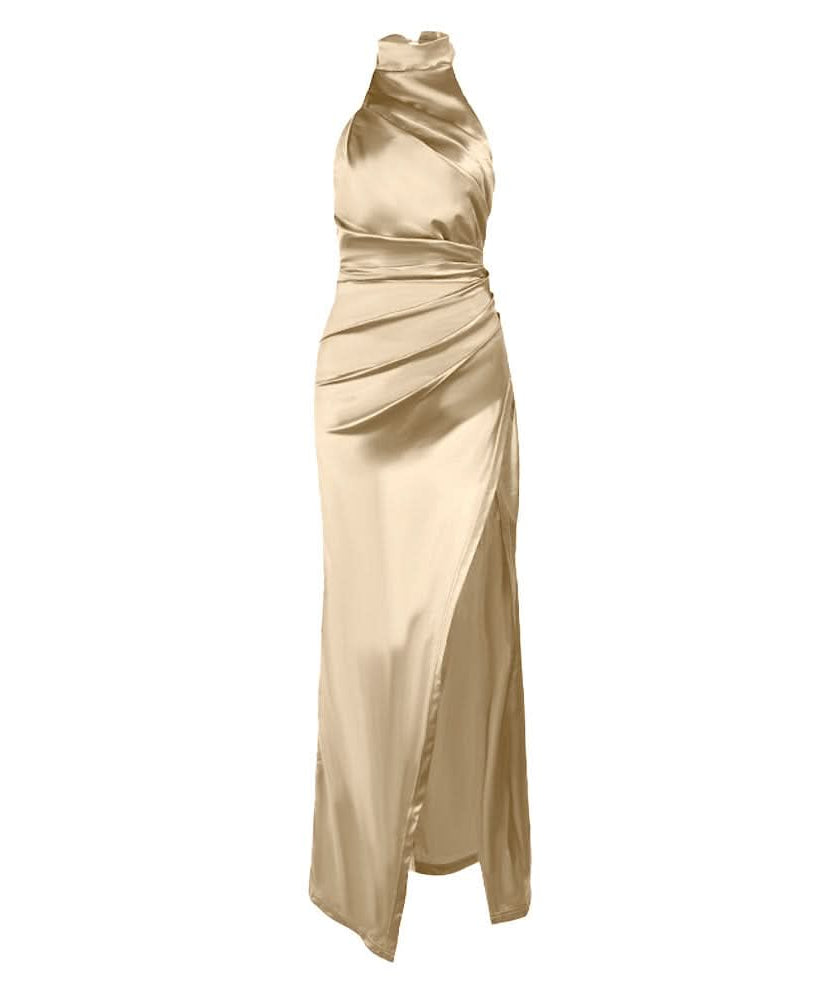 Enchanting Dusty Rose Satin Halter Gown - Ruched Maxi with High Slit for Fall & Holiday Glamour