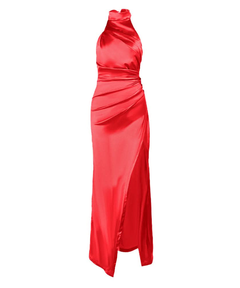 Enchanting Dusty Rose Satin Halter Gown - Ruched Maxi with High Slit for Fall & Holiday Glamour