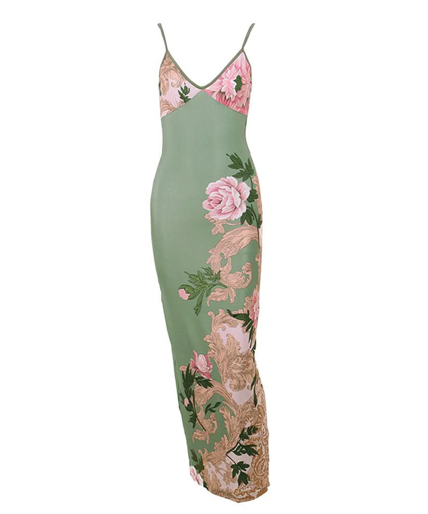 Chic Sage Floral Backless Maxi Dress - V-Neck Elegance for Fall Events & Holiday Escapes