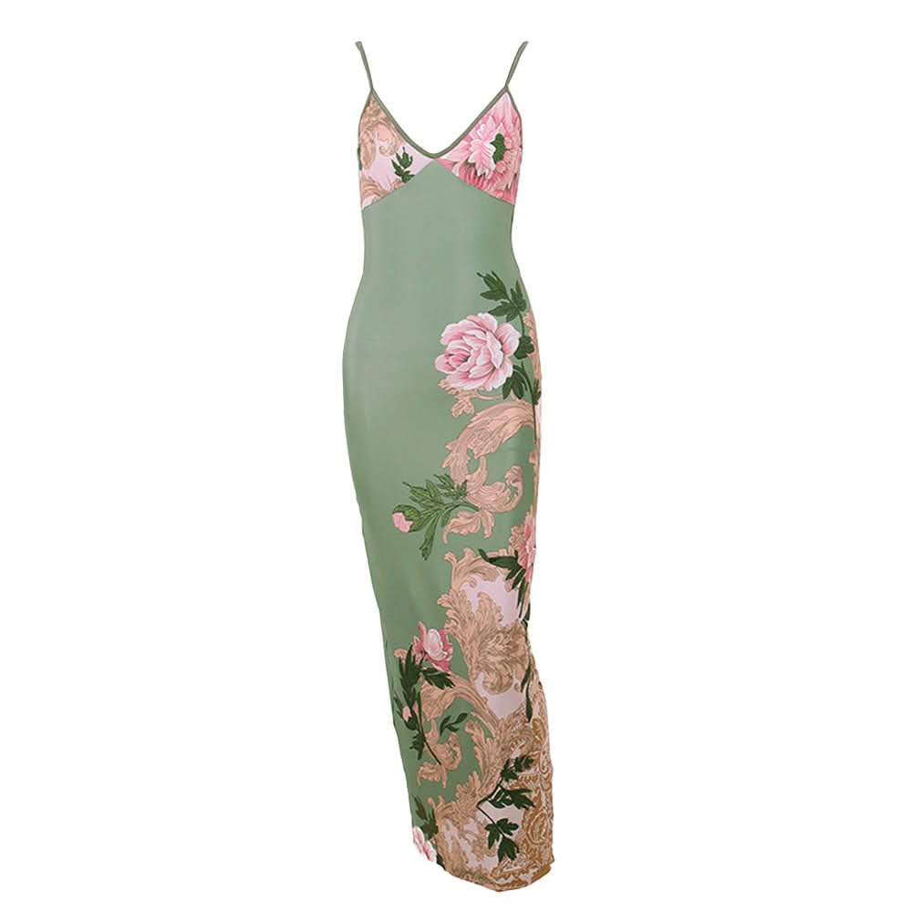 Chic Sage Floral Backless Maxi Dress - V-Neck Elegance for Fall Events & Holiday Escapes
