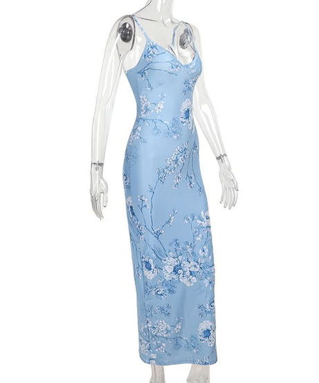 Chic Sage Floral Backless Maxi Dress - V-Neck Elegance for Fall Events & Holiday Escapes