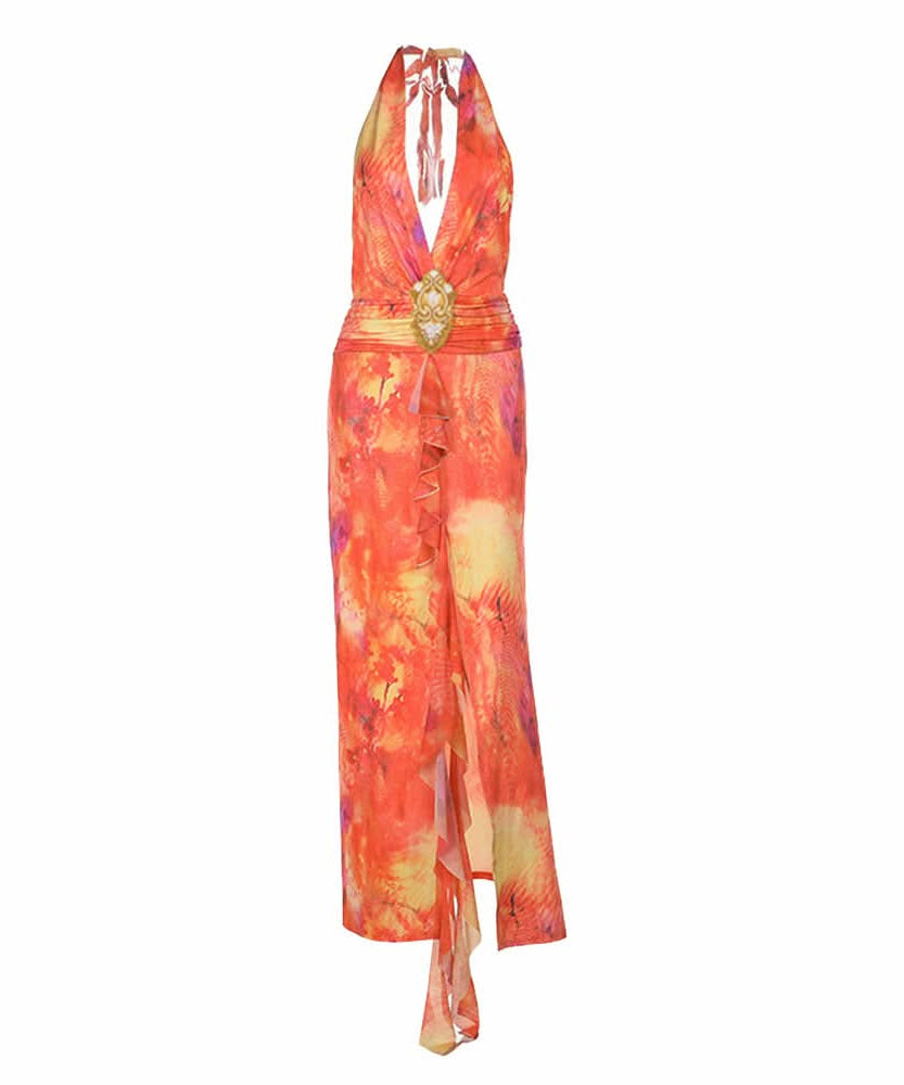 Sunset Serenity Halter Maxi Dress - Vibrant Tie-Dye with Slit for Resort & Holiday Getaways