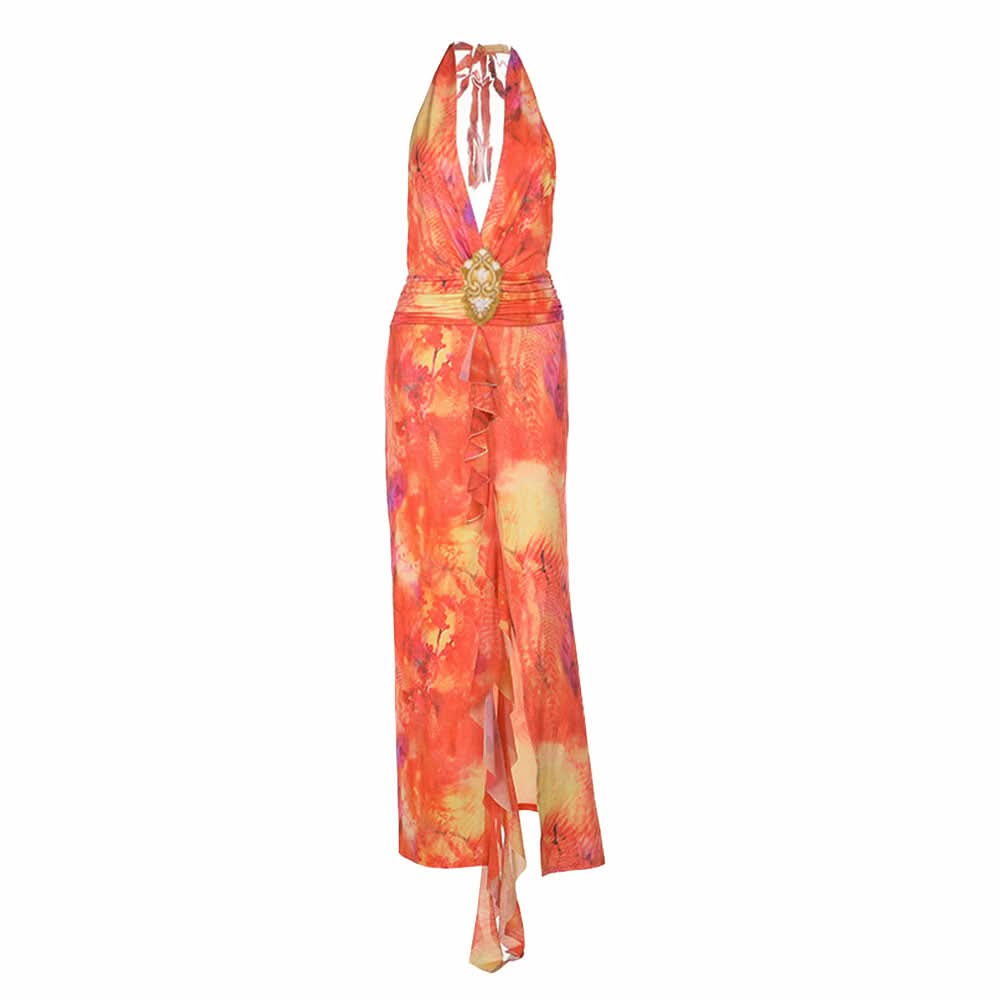 Sunset Serenity Halter Maxi Dress - Vibrant Tie-Dye with Slit for Resort & Holiday Getaways