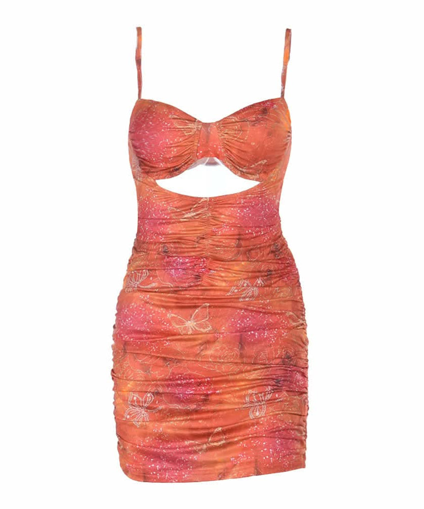 Flirty & Fierce: Butterfly Print Ruched Cutout Mini Dress – Your Ultimate Fall Party Look