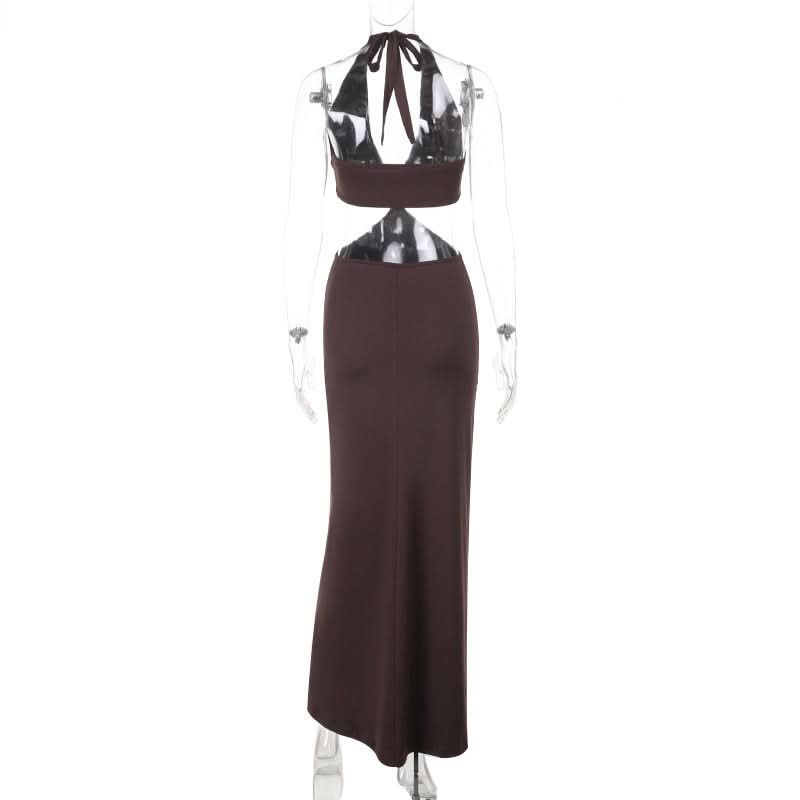 Autumn Elegance: Halter Cut-Out Maxi Dress in Rich Chocolate Brown | Fall Evening & Holiday Ready