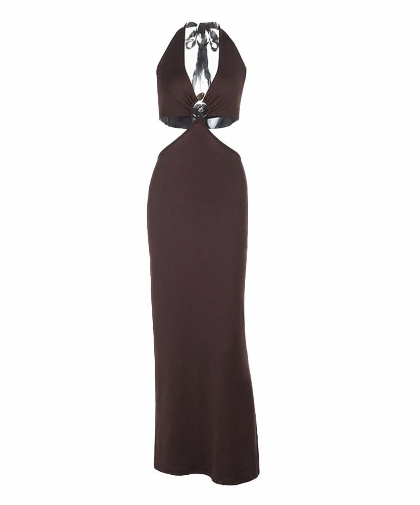 Autumn Elegance: Halter Cut-Out Maxi Dress in Rich Chocolate Brown | Fall Evening & Holiday Ready