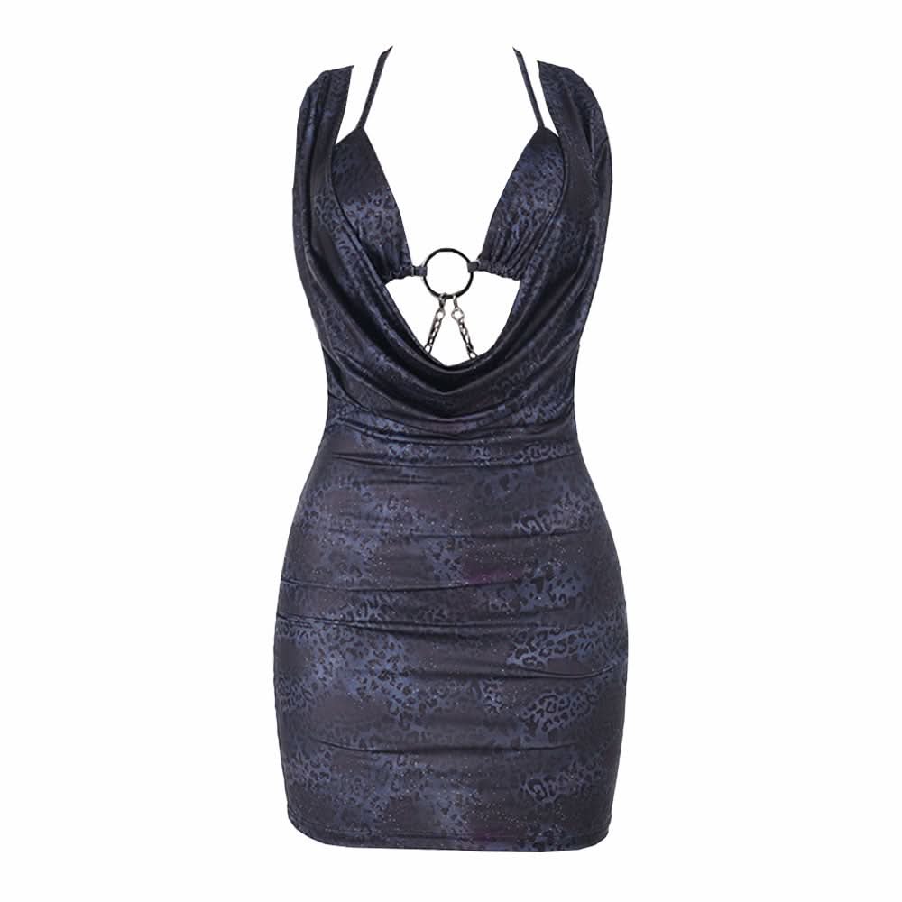Sultry O-Ring Chain Plunge Mini Dress | Dark Leopard Bodycon for Fall & Holiday Nights Out