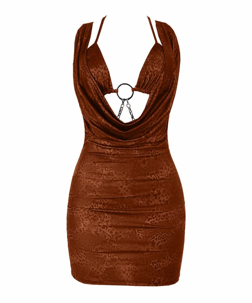 Sultry O-Ring Chain Plunge Mini Dress | Dark Leopard Bodycon for Fall & Holiday Nights Out