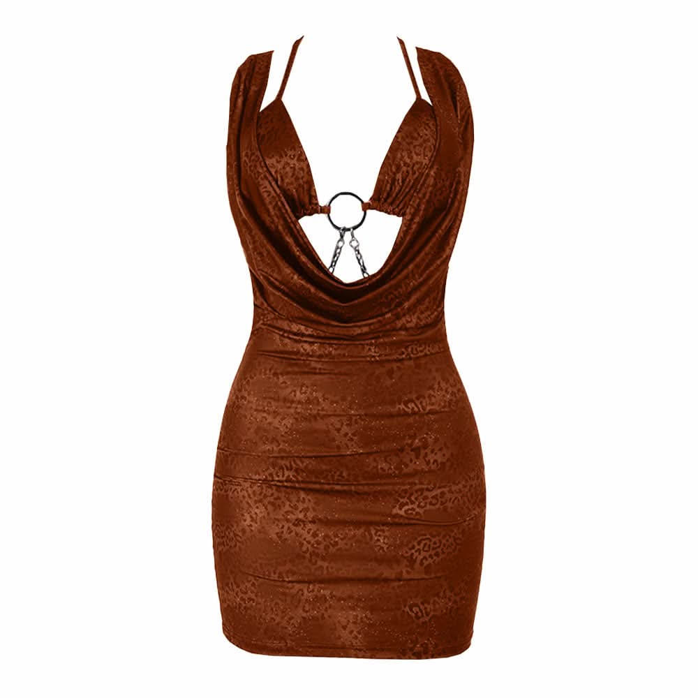 Sultry O-Ring Chain Plunge Mini Dress | Dark Leopard Bodycon for Fall & Holiday Nights Out