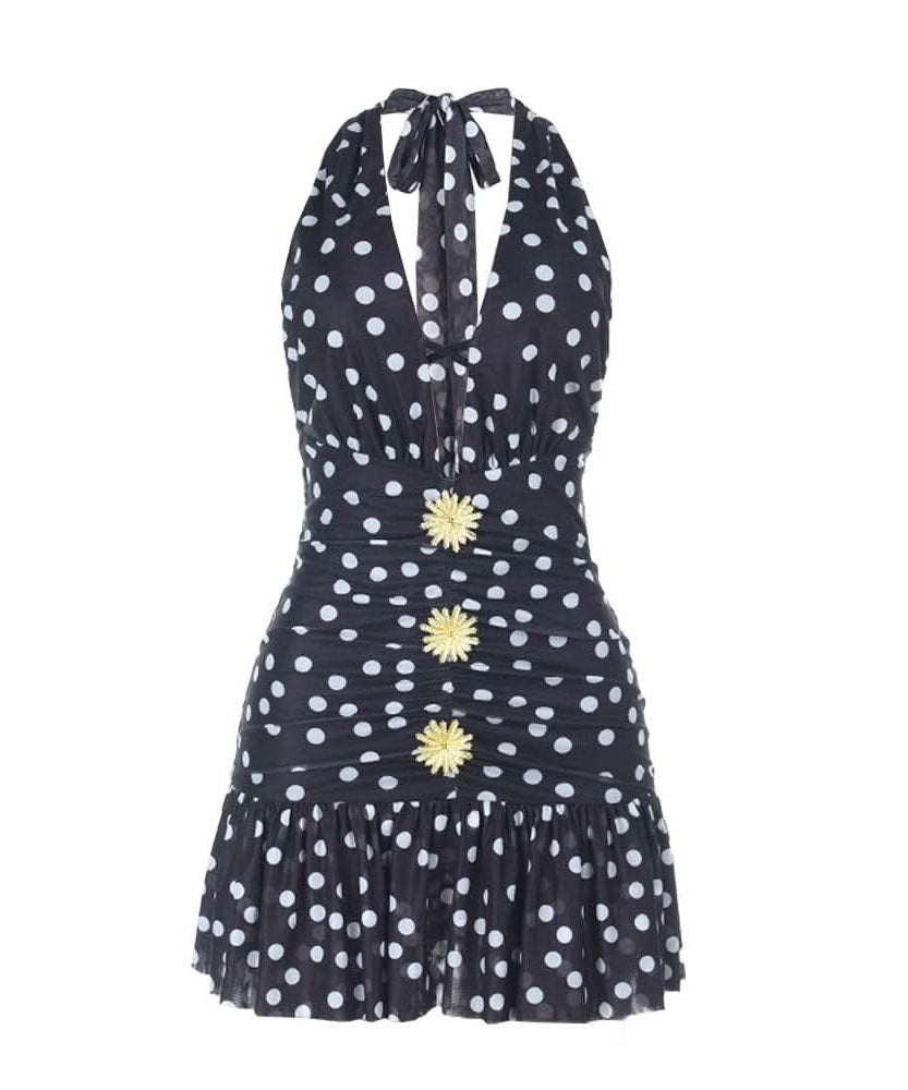Retro Chic Polka Dot Halter Mini Dress: Flirty Ruched Style with Daisy Accents