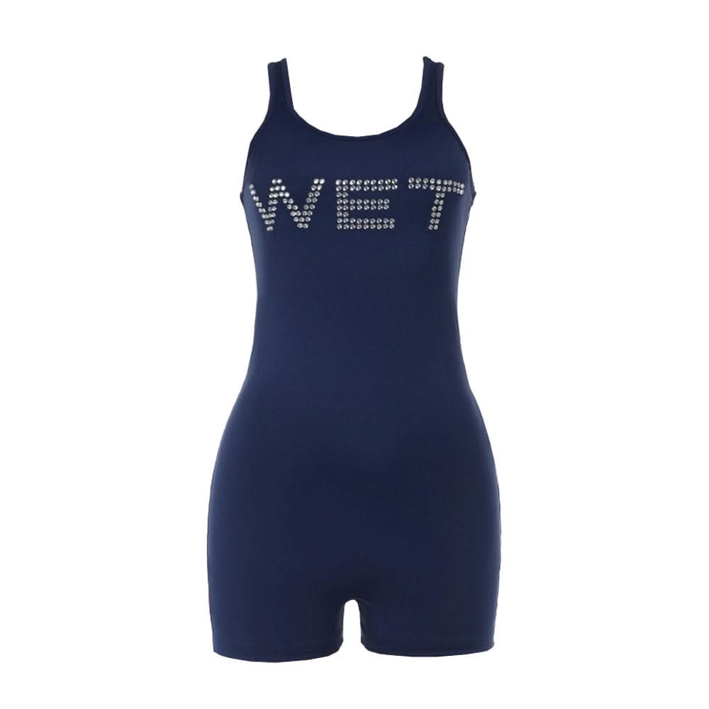 Unleash Your Vibe: 'WET' Rhinestone Bodycon Tank Romper – Bold Party & Getaway Style