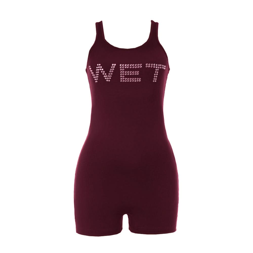 Unleash Your Vibe: 'WET' Rhinestone Bodycon Tank Romper – Bold Party & Getaway Style