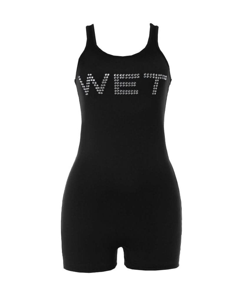 Unleash Your Vibe: 'WET' Rhinestone Bodycon Tank Romper – Bold Party & Getaway Style