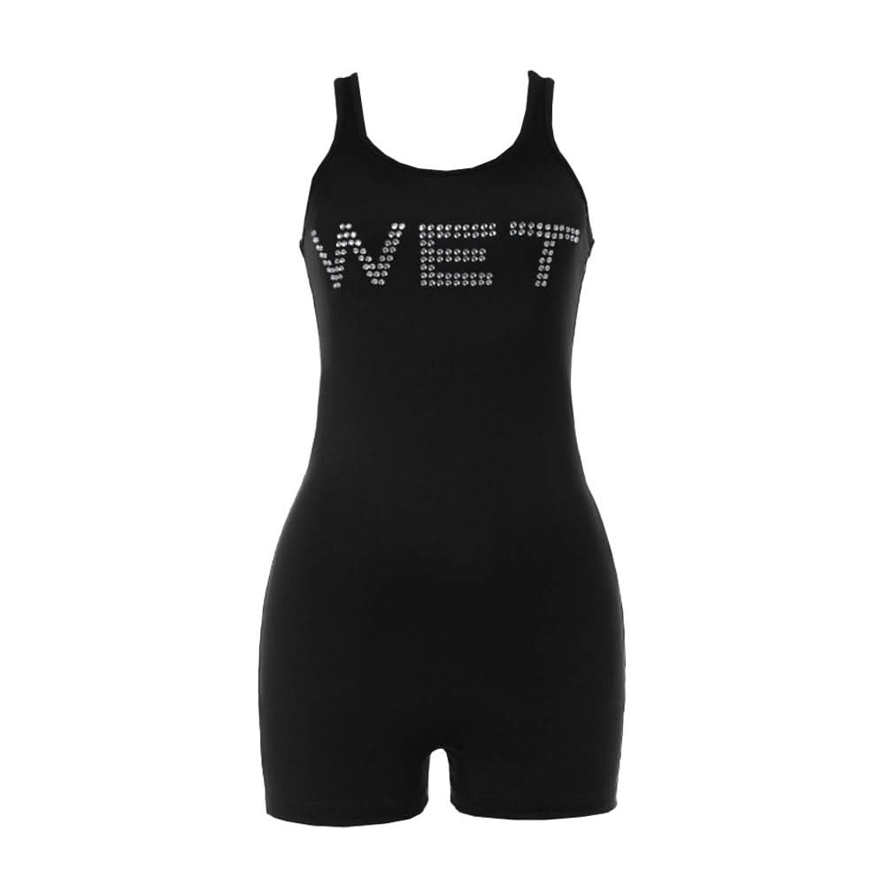 Unleash Your Vibe: 'WET' Rhinestone Bodycon Tank Romper – Bold Party & Getaway Style