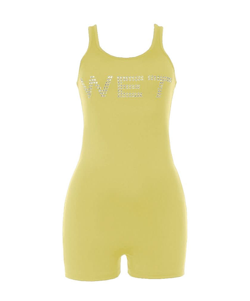Unleash Your Vibe: 'WET' Rhinestone Bodycon Tank Romper – Bold Party & Getaway Style