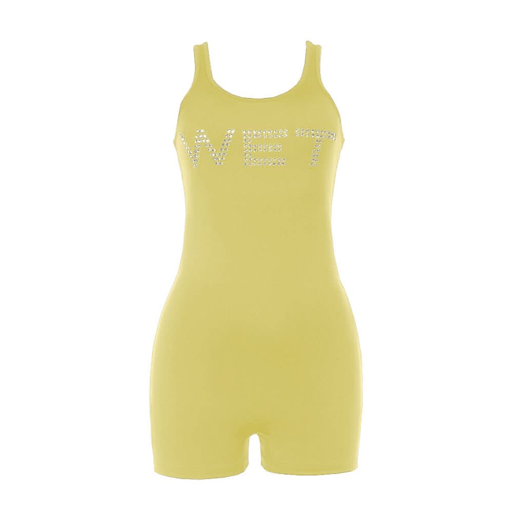 Unleash Your Vibe: 'WET' Rhinestone Bodycon Tank Romper – Bold Party & Getaway Style