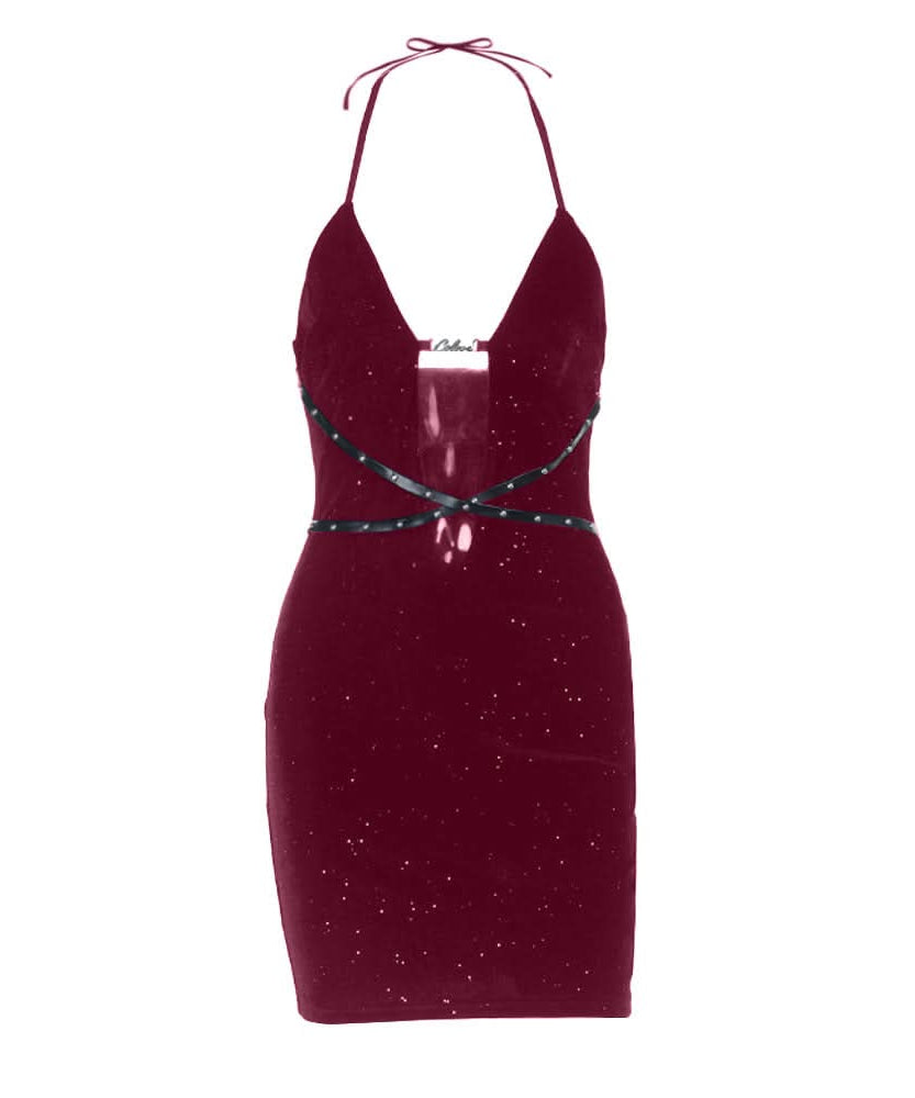 Starlight Velvet Halter Mini Dress with Strappy Cut-Out & Sparkle - Perfect for Fall Parties & Halloween