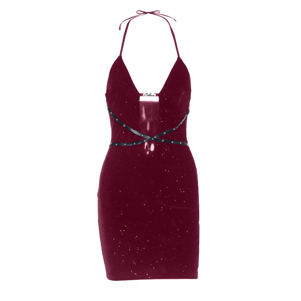 Starlight Velvet Halter Mini Dress with Strappy Cut-Out & Sparkle - Perfect for Fall Parties & Halloween
