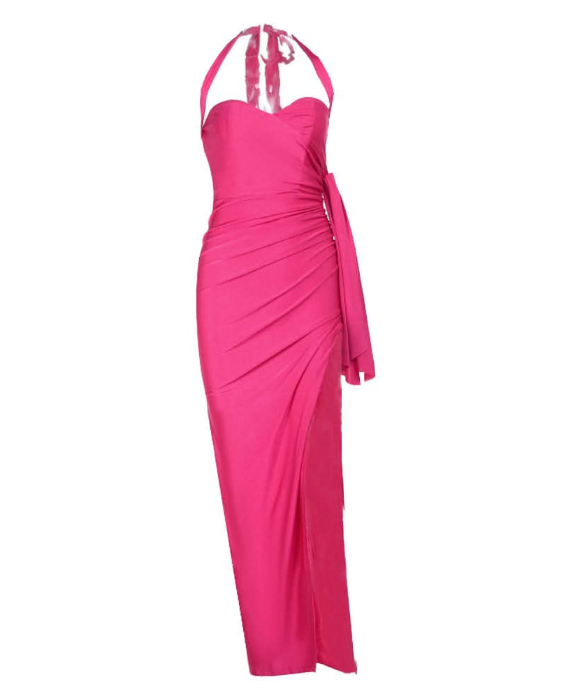 Stunning Hot Pink Halter Ruched Slit Maxi Dress - Your Go-To for Fall Galas & Holiday Parties