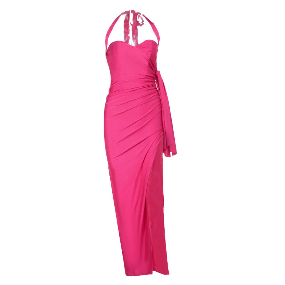 Stunning Hot Pink Halter Ruched Slit Maxi Dress - Your Go-To for Fall Galas & Holiday Parties