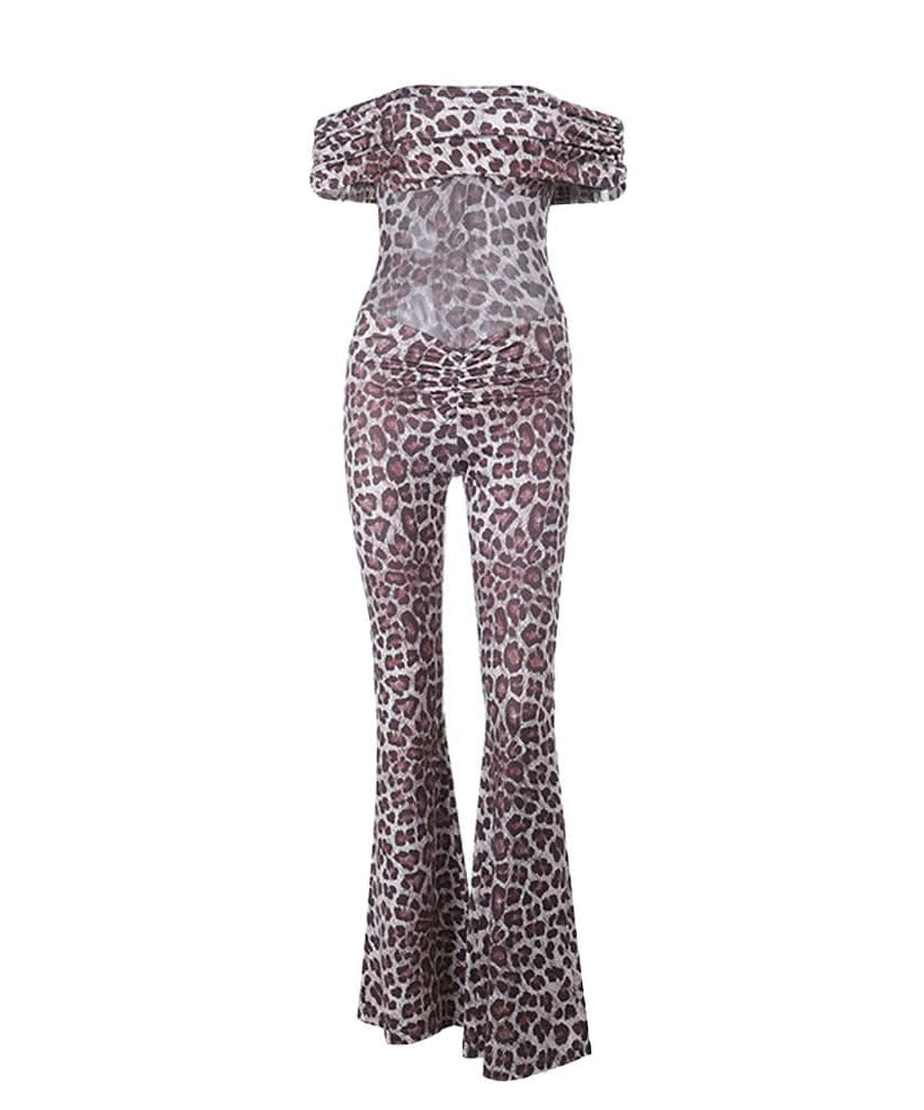 Sultry Leopard Print Off-Shoulder Flare Jumpsuit - Fall Party & Holiday Glam