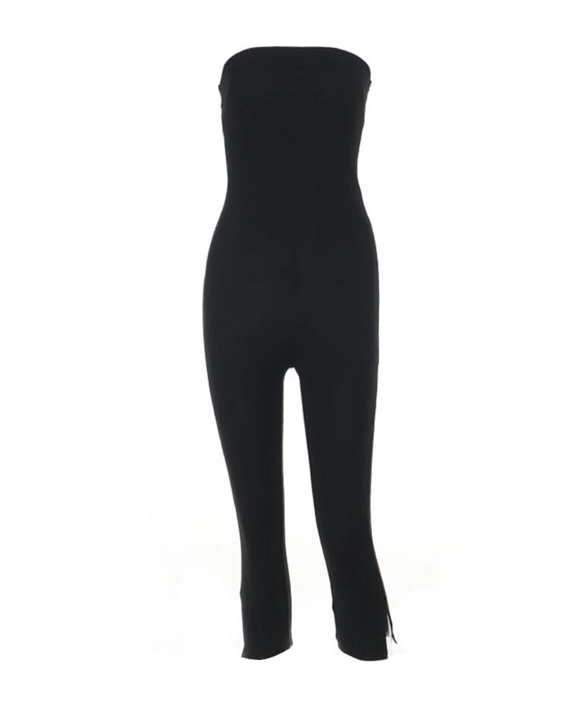 Sleek & Chic Black Strapless Bodycon Jumpsuit with Ankle Slits - Your Fall Event Essential!