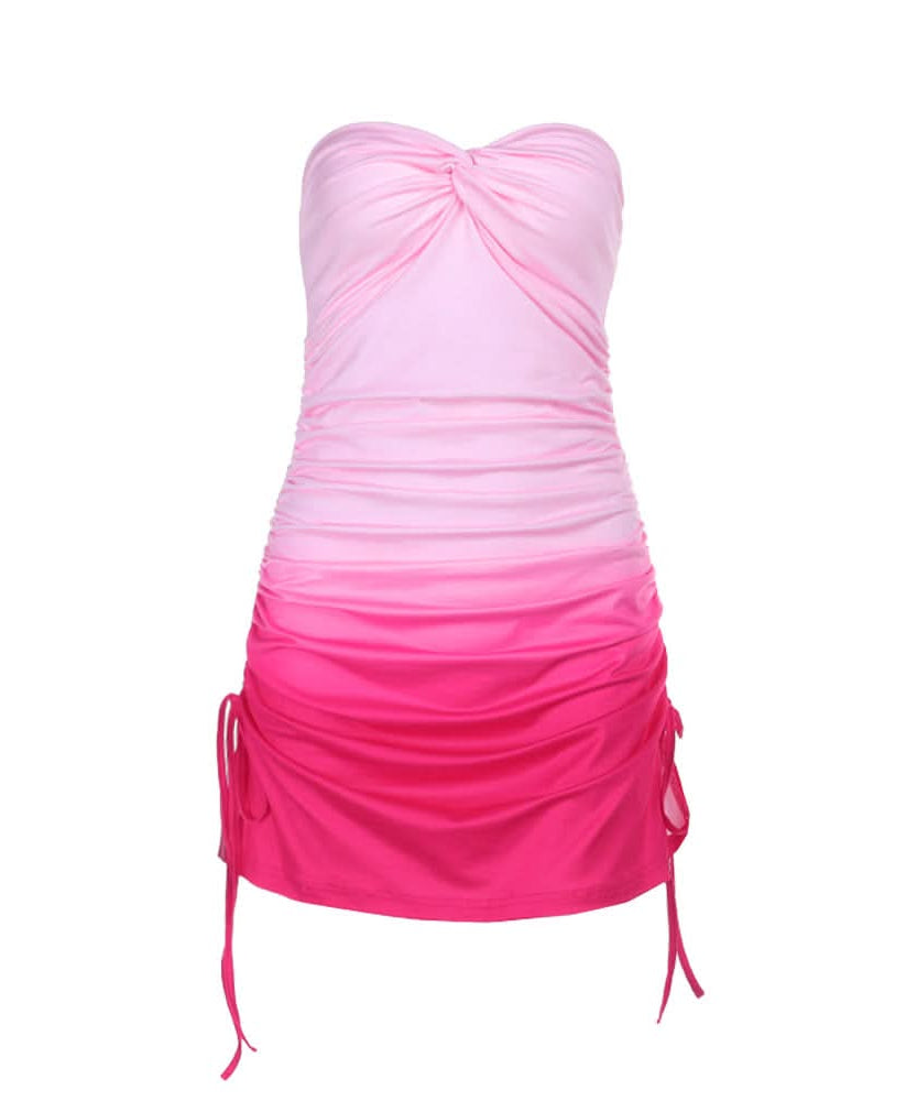 Flirty Pink Ombre Strapless Ruched Mini Dress - Adjustable Bodycon for Fall Parties & Vacations